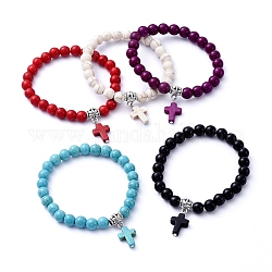 Bracelets extensibles avec breloque, avec des perles synthétiques turquoise(teintes), bélières en alliage de style tibétain, croix, couleur mixte, diamètre intérieur: 2-1/8 pouce (5.4 cm)