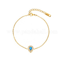 Cubic Zirconia Teardrop Link Bracelet with Golden Stainless Steel Cable Chains, Dodger Blue, 6-1/4 inch(16cm)