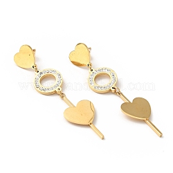 Crystal Rhinestone Heart and Ring Long Dangle Stud Earrings with 316 Stainless Steel Pins, Vacuum Plating 304 Stainless Steel Jewelry for Women, Golden, 66mm, Pin: 0.7mm