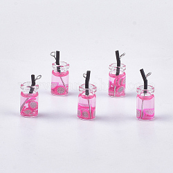 Glass Bottle Pendants, with Resin, Plastic and Iron Findings, Fruit Tea Charms, Platinum, Hot Pink, 25~28x10mm, Hole: 1.8mm