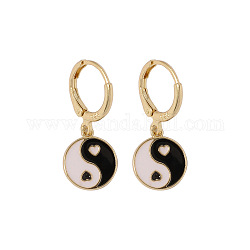 Legierungs-Emaille-Yin-Yang-Ohrringe mit Brisuren, vergoldeter messingschmuck für damen, Schwarz, 28x11.5 mm