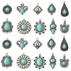 20 pz 10 stili pendenti in lega di stile tibetano, con resina imitazione turchese, fascino fiore/lacrima/rombo, argento antico, 22~35x13~25x4~6mm, Foro: 1.8~2 mm, 2pcs / style