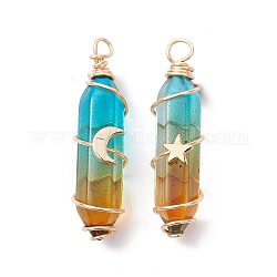 2Pcs 2 Style Two Tone Glass Double Terminated Point Beads Pendants Set, Moon & Star Golden Copper Wire Wrapped Charms, Chocolate, 38~39x10x18mm, Hole: 3mm, 1Pc/style