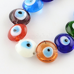 Rondes plat mauvais œil brins de perles au chalumeau, couleur mixte, 15~16x8~9mm, Trou: 2mm, Environ 24 pcs/chapelet, 13.7 pouce