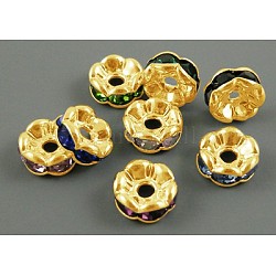 Brass Rhinestone Spacer Beads, Grade A, Wavy Edge, Golden Metal Color, Rondelle, Mixed Color, 6x3mm, Hole: 1mm
