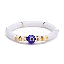 Mauvais œil perles au chalumeau bracelet extensible, gros bracelet de perles de tube, Perles en argile polymère et bracelet synthétique en hématite et acrylique pour femme, blanc, bleu moyen, diamètre intérieur: 2-1/8 pouce (5.4 cm)
