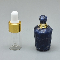 Pendenti di bottiglia di profumo apribile in sodalite naturale sfaccettata, con reperti in ottone e bottiglie di olio essenziale di vetro, 40~48x21~25mm, Foro: 1.2 mm, capacità della bottiglia di vetro: 3 ml (0.101 once fluide), capacità della pietra preziosa: 1 ml (0.03 once fluide)