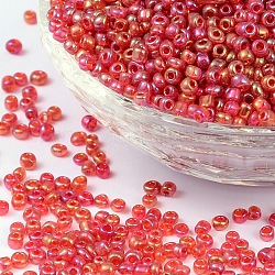 (servicio de reempaquetado disponible) perlas redondas de vidrio, colores transparentes arco iris, redondo, rojo, 12/0, 2mm, aproximamente 12 g / bolsa