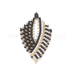 Perles de rocailles à motif de métier à tisser japonais Miyuki faites à la main, pendentifs feuilles, noir, 51x32x2mm, Trou: 1.8mm
