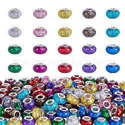 Harz europäischen Perlen, Großloch perlen, mit versilberten Messingkernen, facettiert, Rondell, Großloch perlen, Mischfarbe, 13.5~14.5x9 mm, Bohrung: 5 mm, 100 Stück / Karton