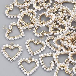 Colgantes envueltos en alambre de perlas de imitación de plástico abs, con alambre de latón bañado en oro claro, corazón, blanco cremoso, 22~23x24x3mm, agujero: 2~3 mm