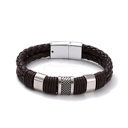 Bracelet cordon tressé cuir rétro pour homme, bracelet de perles en alliage rectangle avec fermoirs magnétiques, argent antique, café, 8-1/2 pouce (21.5 cm)
