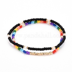 Perline di vetro si estendono bracciali, con perline in ottone, nero, diametro interno: 2-1/4 pollice (5.8 cm), 2 pc / set