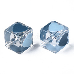 Transparent Acrylic Beads, with Enamel, Cube with Heart, Marine Blue, 14.5x14x14mm, Hole: 3mm
