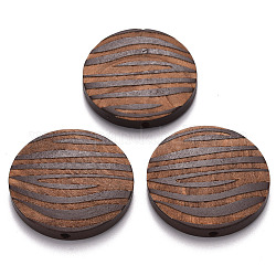 Painted Natural Wood Beads, Laser Engraved Pattern, Flat Round with Zebra-Stripe, Coconut Brown, 30x5mm, Hole: 1.6mm