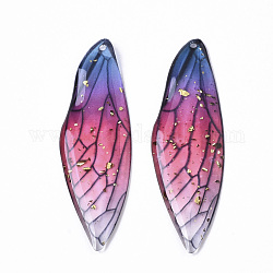 Grands pendentifs en résine époxy transparente, une feuille d'or, aile d'insectes, bleu, 51x16.5x1~2.5mm, Trou: 1.2mm