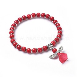 Perles synthétiques teintes turquoises bracelets extensibles, avec des perles de fleurs acryliques givrées transparentes et un alliage de style tibétain, bracelets avec breloque d'ange avec belle robe de mariée, rouge, 2-1/8 pouce (5.3 cm)