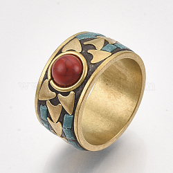 Кольца индонезии ручной работы широкие кольца, толстые кольца, с латунными находками и синтетической бирюзой, красные, Размер: 10, 20 мм