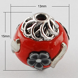 Handmade Indonesia Beads, with Alloy Cores, Round, Antique Silver, Red, 15x13x13mm, Hole: 2mm