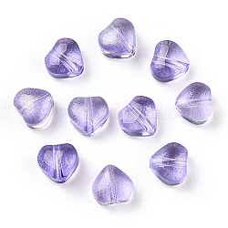 Transparent Spray Painted Glass Beads, with Glitter Powder, Heart, Purple, 6x6x4mm, Hole: 0.7mm