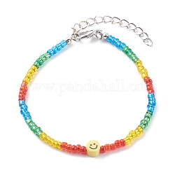 Bracelets en perles de rocaille de verre, avec perles en pâte polymère et fermoirs pinces de homard en alliage, visage souriant, platine, colorées, 7-5/8 pouce (19.3 cm)