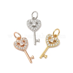 Brass Cubic Zirconia Pendants, Cadmium Free & Lead Free, Key with Heart, Mixed Color, 17x8x2.5mm