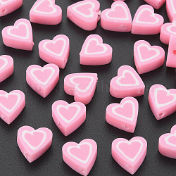 Handmade Polymer Clay Beads, Heart, Pink, 8.5~9x8.5~10x4mm, Hole: 1.4~1.6mm