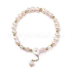 Bracciali tratto, con perle di quarzo rosa naturale, perle naturali e perle di conchiglia, perle di vetro, perline in ottone e catene portacavi, fiore, diametro interno: 2-1/4 pollice (5.7 cm)