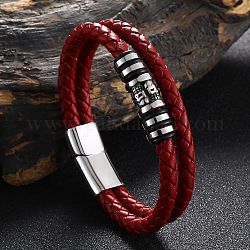 Stainless Steel Skull Beaded Leather Double Layer Multi-strand Bracelet, Gothic Bracelet with Magnetic Clasp for Men, Red, 7-3/4 inch(19.6cm)
