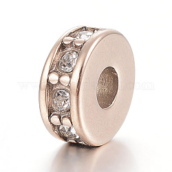 Intercalaires perles en 304 acier inoxydable, avec strass, plat rond, or rose, 7x3mm, Trou: 2.5mm