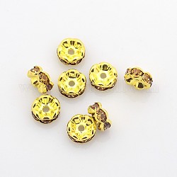 Brass Rhinestone Spacer Beads, Grade A, Rondelle, Golden and Nickel Free, Goldenrod, about 8mm in diameter, 3.8mm thick, hole: 1.5mm