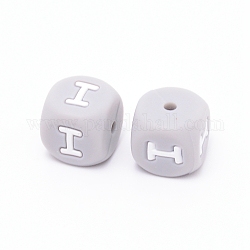 Perlas de silicona, cubo con letter.i, gris, 12x12x12mm, agujero: 2 mm