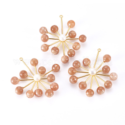 Natürliche Sonnensteinhaufenanhänger, mit natürlichen Perlen und vergoldeten Messingstiften, Blume, 46~48x39~42x7 mm, Bohrung: 1.6 mm