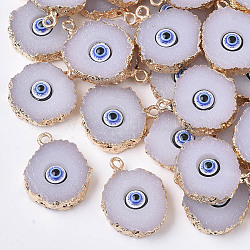 Druzy Resin Pendants, with Edge Light Gold Plated Iron Loops, Flat Round with Eye, Gainsboro, 20~23x17~18x5mm, Hole: 1.8mm