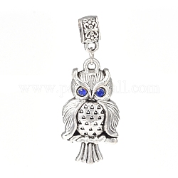 Tibetan Style Alloy Rhinestone European Dangle Charms, Owl, Antique Silver, Sapphire, 42.5mm, Hole: 4mm, Pendant: 31x17x5mm