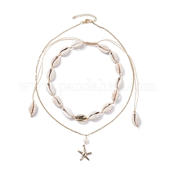 Starfish Pendant Neckelaces for Girl Women, Natural Cowrie Shell Beads Braided Necklaces, Golden, 19.21 inch(48.8cm), 4.06~8.46 inch(10.3~21.5cm), 2pcs/set