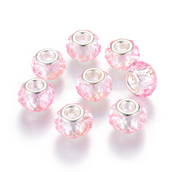 Handgefertigte Glasperlen europäischen, Großloch perlen, Farbe Silber Messingkern, Perle rosa, 14x8 mm, Bohrung: 5 mm