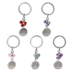 Porte-clés en alliage, avec des perles de pierres fines, plat et circulaire avec arbre de vie, 89mm