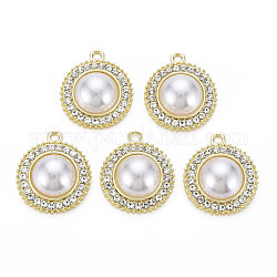 Alloy Pendants, with Crystal Rhinestone and ABS Plastic Imitation Pearl, Cadmium Free & Lead Free, Flat Round, Light Gold, 24x20.5x7.5mm, Hole: 2mm