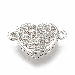 Brass Micro Pave Cubic Zirconia Links, Heart, Clear, Platinum, 10x16x4mm, Hole: 1mm