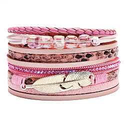 Bracelets multi-rangs en cuir PU, avec des cordes de polyester ciré, fermoir magnétique et strass en alliage, plume, or, rose, 7-1/2 pouce (19 cm), 40mm