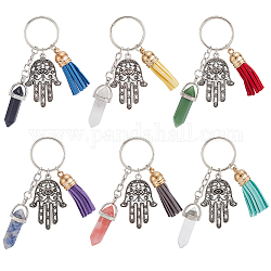DELORIGIN 6Pcs 6 Styles Bullet Natural & Synthetic Gemstone Pendant Keychain, Alloy Hamsa Hand/Hand of Miriam and Tassels Charms, for Bag Car Key Pendant Decoration Key Chain, 9cm, 1pc/style