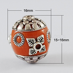 5PCS Round Handmade Indonesia Beads, with Alloy Cores, Antique Silver, Dark Orange, 16x15~16mm, Hole: 2mm