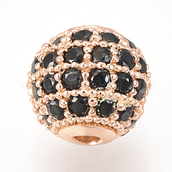 Brass Micro Pave Cubic Zirconia Beads, Round, Black, Rose Gold, 6mm