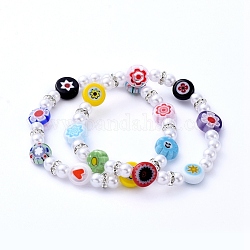 Bracelets élastiques, avec des perles en verre de graine, perles d'imitation acrylique et perles d'espacement en laiton, colorées, diamètre intérieur: 2-1/8 pouce (5.3 cm)