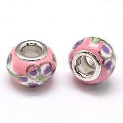 Handgemachten Fimo-Unterlegscheibe European Beads, Großloch perlen, mit Platin Farbe Messing Doppelkerne, Flamingo, 13x9 mm, Bohrung: 5 mm