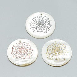 FFreshwater Shell Pendants, Covered with Iron Findings, Flat Round with Lotus, Mixed Color, 30~31x2~3mm, Hole: 1.8mm