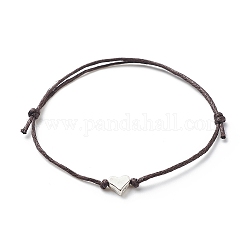Bracelet cordon perlé coeur en alliage, Bague ajustable tressée en coton ciré pour femme, brun coco, diamètre intérieur: 1-5/8~3 pouce (4~7.6 cm)