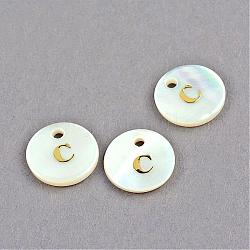 Freshwater Shell Pendants, Flat Round with Gold Blocking Letter.C, 11.5x2mm, Hole: 1.5mm