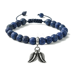 Bracelets de perles tressés réglables en lapis-lazuli naturel, 304 bracelets à breloques en acier inoxydable pour femme, feuille, diamètre intérieur : 2~2.95 pouce (5~7.5 cm).